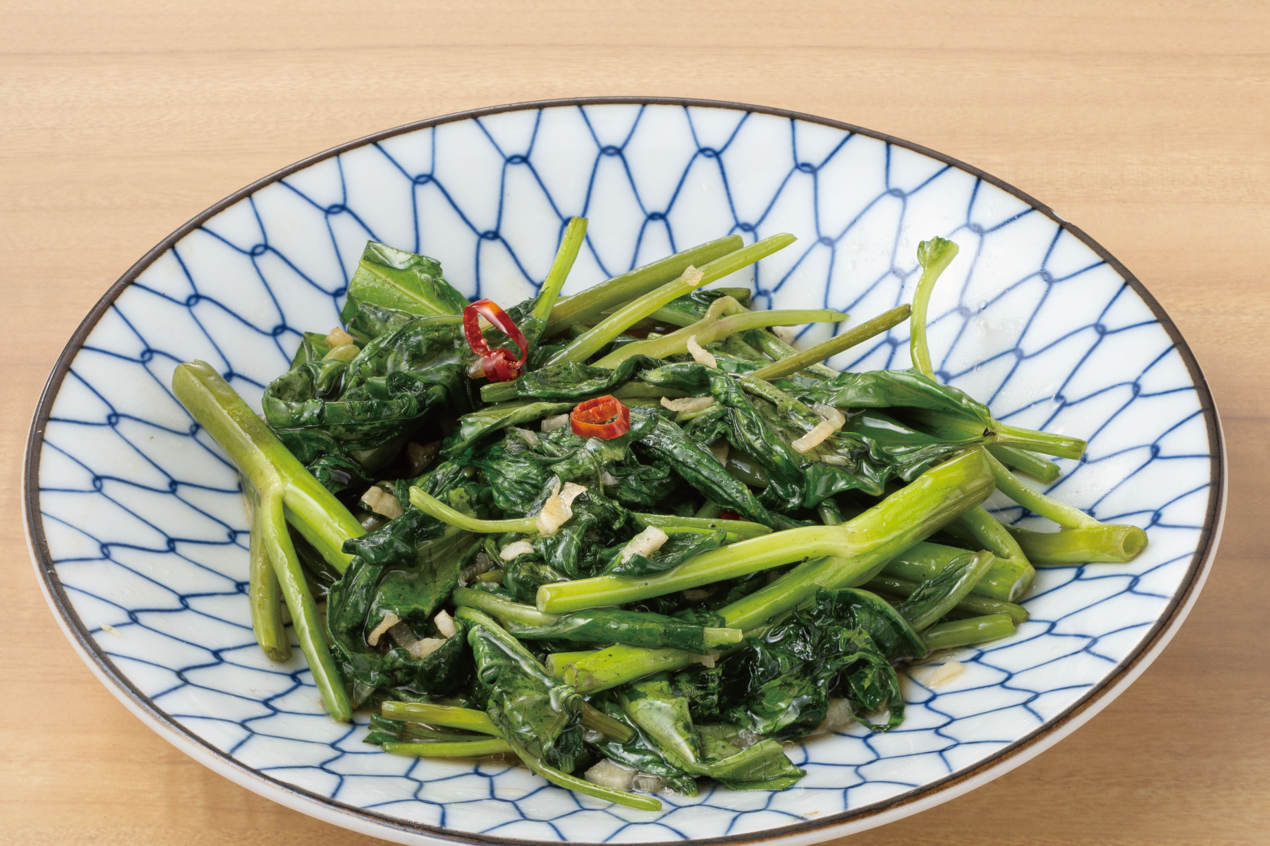 庄や旬メニュー　2025年6月　野菜　炒め物　空心菜　白湯ニンニク炒め　庄や　㈱かんなん丸